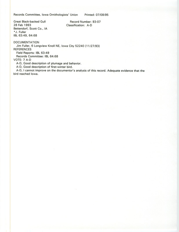 Records Committee review for a Great Black-backed Gull near Bettendorf in Scott County, IA on February 28, 1993. Includes a record review document with votes and a documentation form submitted to the committee.