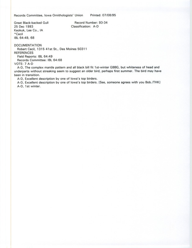 Records Committee review for a Great Black-backed near the Keokuk Wastewater Treatment Plant in Lee County, IA on December 25, 1993. Includes a record review document with votes and a documentation form submitted to the committee.