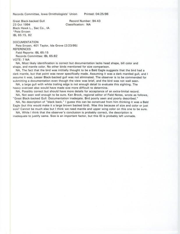 Records Committee review for a Great Black-backed Gull at Black Hawk Lake in Sac County, IA on October 23, 1994. Includes a record review document with votes and a documentation form submitted to the committee.