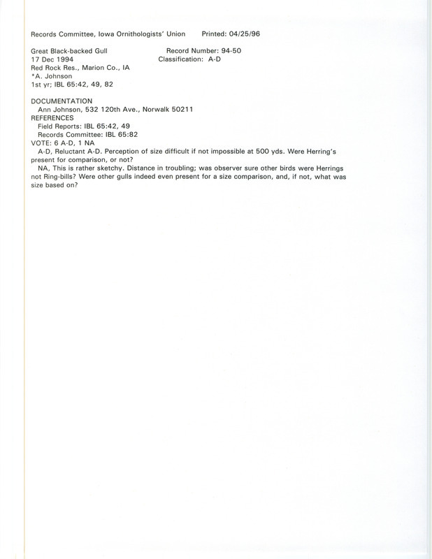 Records Committee review for a Great Black-backed Gull at Whitebreast Point in Red Rock Reservoir in Marion County, IA on December 17, 1994. Includes a record review document with votes and a documentation form submitted to the committee.