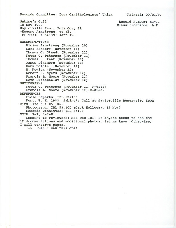 Records Committee review for a Sabine's Gull at Saylorville Dam in Polk County, IA on November 10, 1983. Includes a record review document with votes, an article in Iowa Bird Life, a summary of the review, and eleven documentation forms submitted to the committee.