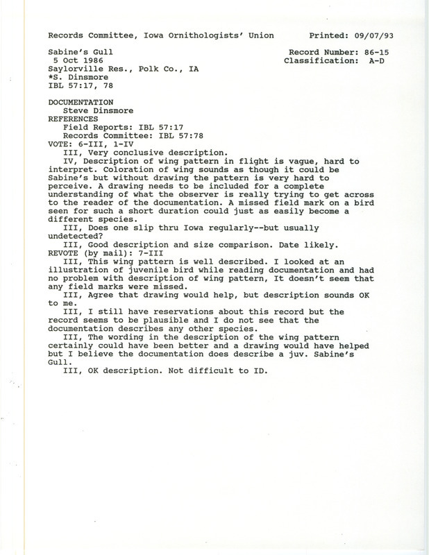 Records Committee review for a Sabine's Gull at Oak Grove Beach at Saylorville Reservoir in Polk County, IA on October 5, 1986. Includes a record review document with votes, a summary of the review, and a documentation form submitted to the committee.