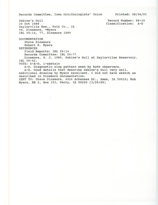 Records Committee review for a Sabine's Gull near Jester Park at Saylorville Reservoir in Polk County, IA on October 20, 1988. Includes a record review document with votes, an article in Iowa Bird Life, and two documentation forms submitted to the committee.