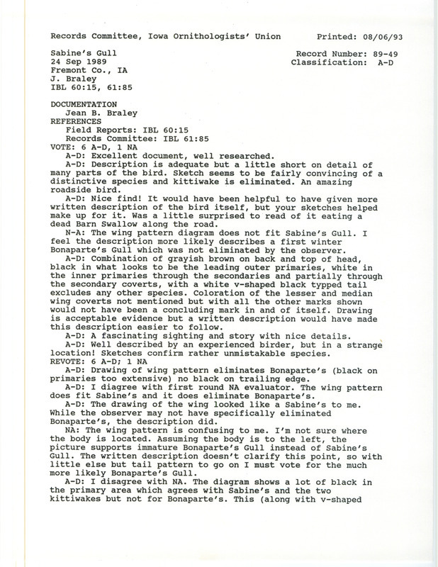 Records Committee review for a Sabine's Gull north of Farragut in Fremont County, IA on September 24, 1989. Includes a record review document with votes and a documentation form submitted to the committee.