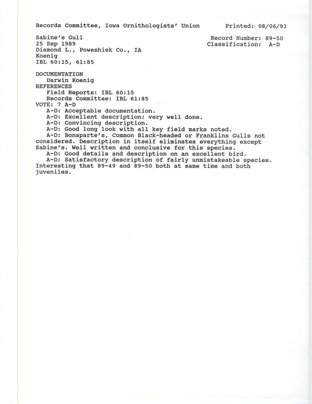 Records Committee review for a Sabine's Gull at Diamond Lake County Park in Poweshiek County, IA on September 25, 1989. Includes a record review document with votes and a documentation form submitted to the committee.