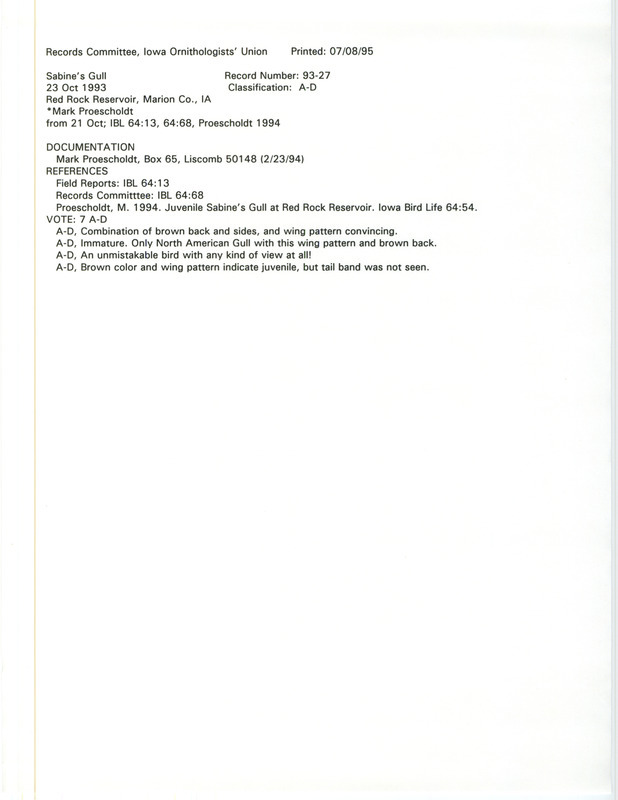 Records Committee review for a Sabine's Gull near Whitebreast Park at Red Rock Reservoir in Marion County, IA on October 23, 1993. Includes a record review document with votes, an article in Iowa Bird Life, and a documentation form submitted to the committee.