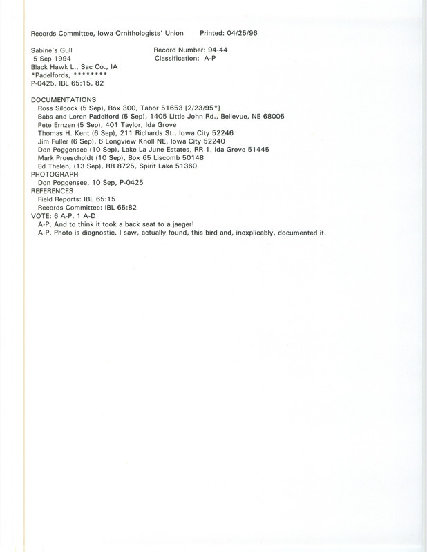 Records Committee review for a Sabine's Gull at Black Hawk Lake in Sac County, IA on September 5, 1994. Includes a record review document with votes, a photocopy of a photograph, and eight documentation forms submitted to the committee.