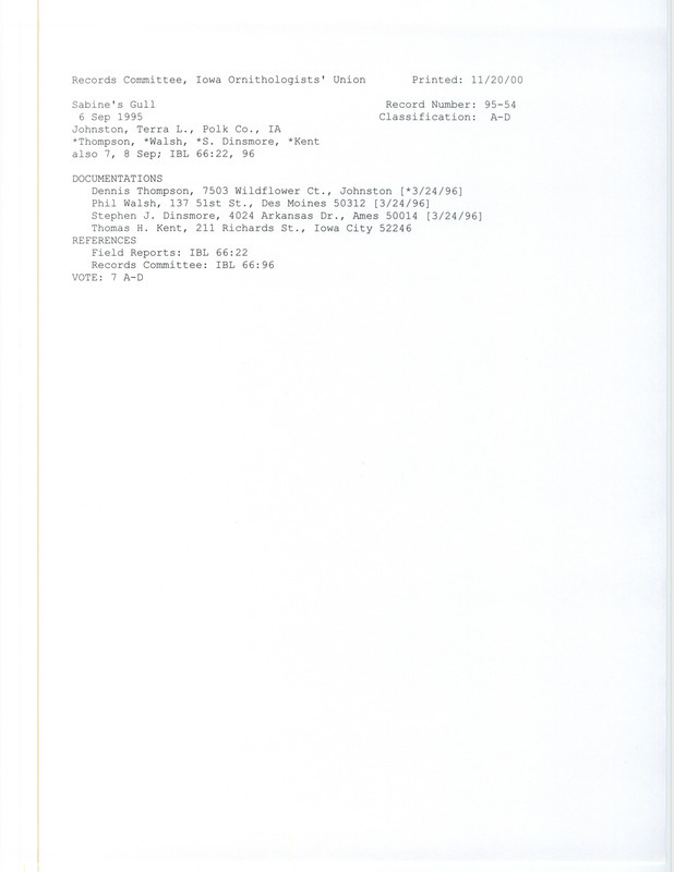 Records Committee review for a Sabine's Gull at Terra Lake in Johnston in Polk County, IA on September 6, 1995. Includes a record review document with votes and four documentation forms submitted to the committee.