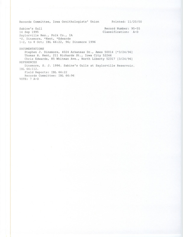 Records Committee review for one to two Sabine's Gull at Saylorville Reservoir in Polk County, IA on September 14, 1995. Includes a record review document with votes, an Iowa Bird Life article, and three documentation forms submitted to the committee.