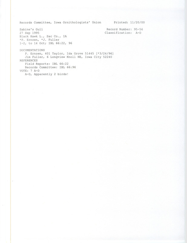 Records Committee review for up to two Sabine's Gulls at Black Hawk Lake in Sac County, IA on September 27, 1995. Includes a record review document with votes and two documentations submitted to the committee.