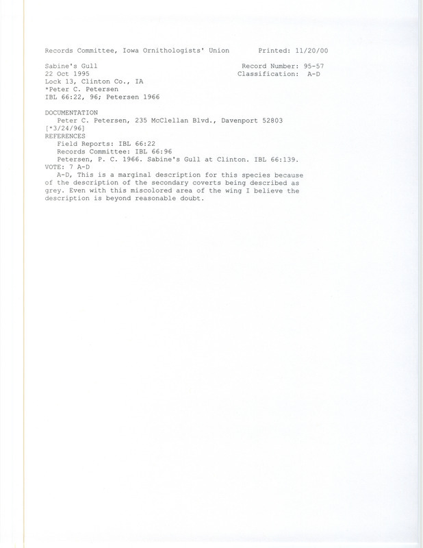 Records Committee review for a Sabine's Gull at Lock 13 in Clinton County, IA on October 22, 1995. Includes a record review document with votes, an article in Iowa Bird Life, and a documentation field report submitted to the committee.