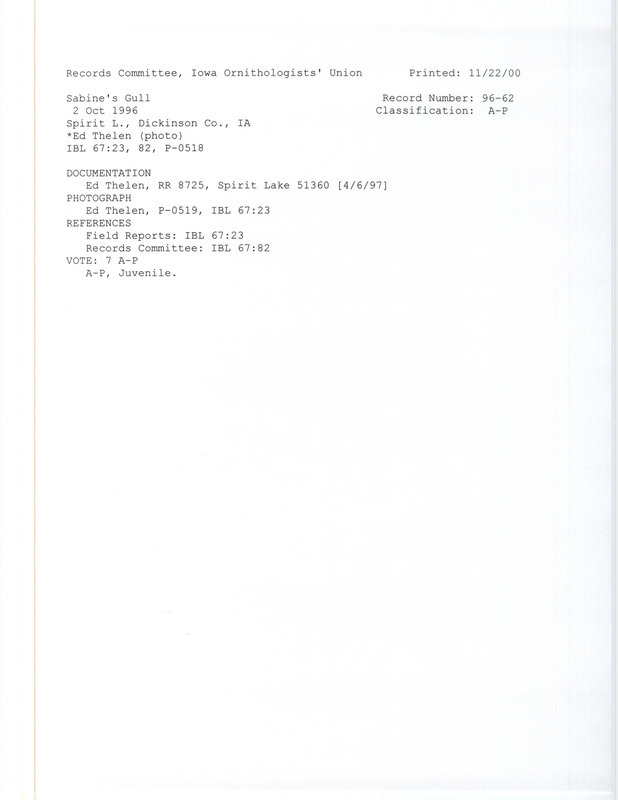 Records Committee review for a Sabine's Gull at Orleans Beach at Spirit Lake in Dickinson County, IA on October 2, 1996. Includes a record review document with votes, a photograph, a photocopy of a photograph, and a documentation form submitted to the committee.