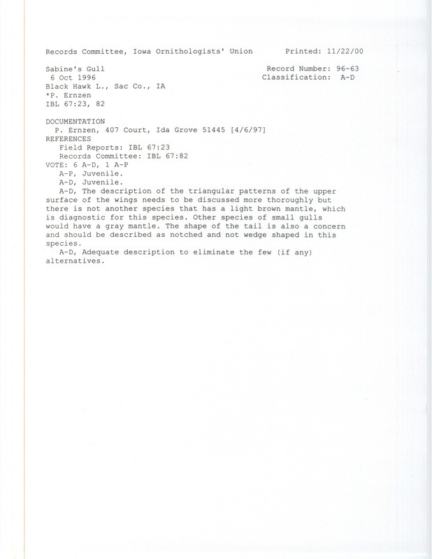 Records Committee for a Sabine's Gull at Black Hawk Lake in Sac County, IA on October 6, 1996. Includes a record review document with votes and a field report submitted to the committee.