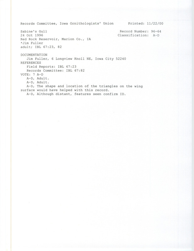 Records Committee review for a Sabine's Gull at Whitebreast Point in Red Rock Reservoir in Marion County, IA on October 24, 1996. Includes a record review document with votes and a documentation form submitted to the committee.