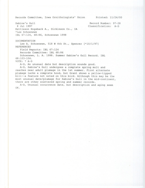 Records Committee review for a Sabine's Gull at Kettleson Hogsback Area in Dickinson County, IA on July 8, 1997. Includes a record review document with votes, an article in Iowa Bird Life, and a documentation form submitted to the committee.