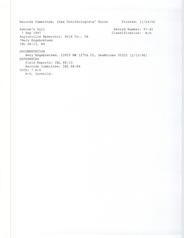 Records Committee review for a Sabine's Gull in Sandpiper Beach at Saylorville Reservoir in Polk County, IA on September 7, 1997. Includes a record review document with votes and a documentation form submitted to the committee.