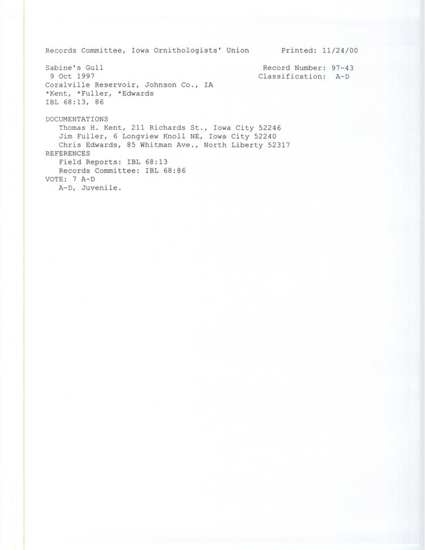 Records Committee review for a Sabine's Gull at Half Moon Lake at Hawkeye Wildlife Refuge in Johnson County, IA on October 9, 1997. Includes a record review document with votes and three documentation forms submitted to the committee.