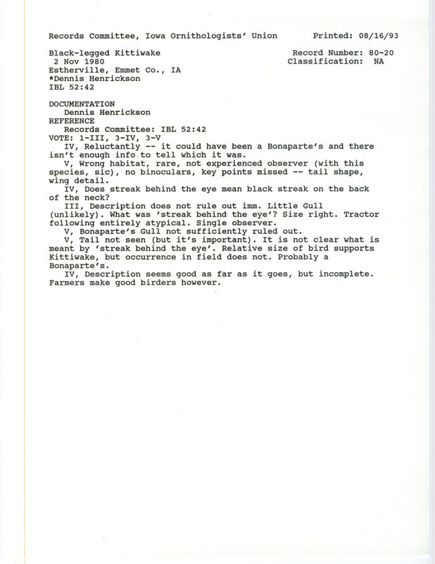 Records Committee review for a Black-legged Kittiwake at Estherville in Emmet County, IA on November 2, 1980. Includes a record review document with votes, correspondence about bird sightings and the review, and field notes submitted to the committee.