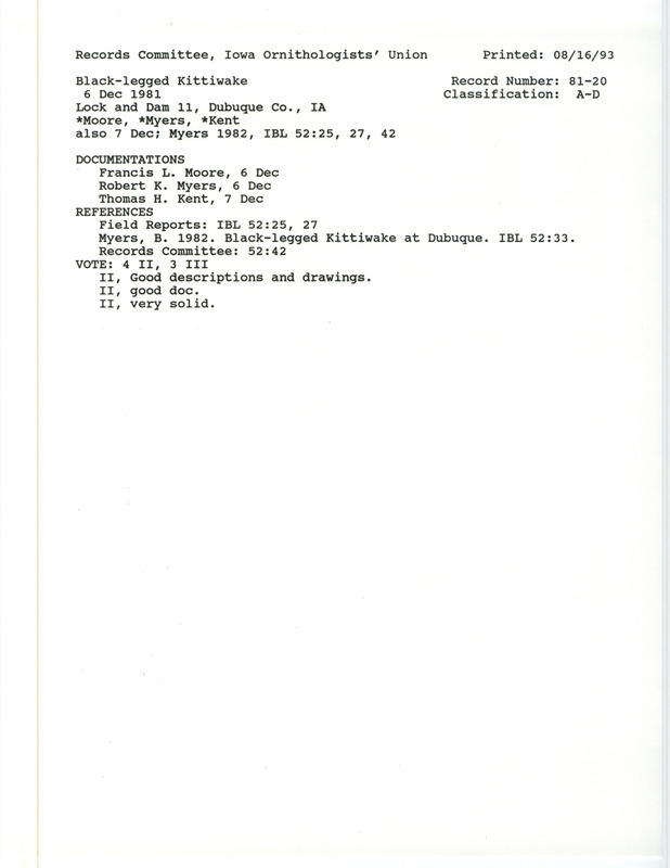 Records Committee review for a Black-legged Kittiwake in Lock and Dam 11 in Dubuque in Dubuque County, IA on December 6, 1981. Includes a record review document with votes, an article in Iowa Bird Life, a summary of the review, and three documentation forms submitted to the committee.