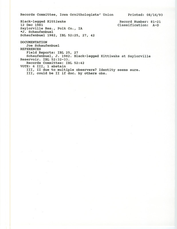 Records Committee review for a Black-legged Kittiwake at Saylorville Dam in Polk County, IA on December 12, 1981. Includes a record review document with votes, an article in Iowa Bird Life, and a documentation form submitted to the committee.