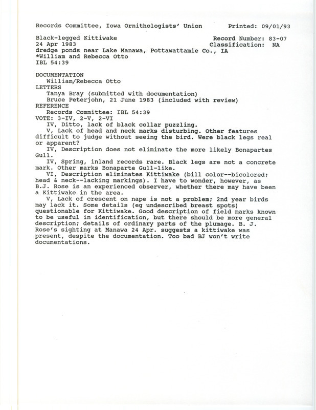 Records Committee review for a Black-legged Kittiwake at the dredge ponds near Lake Manawa in Pottawattamie County, IA on April 23, 1983. Includes a record review document with votes, correspondence relevant to bird sighting and review, a summary of the review, and a documentation submitted to the committee.