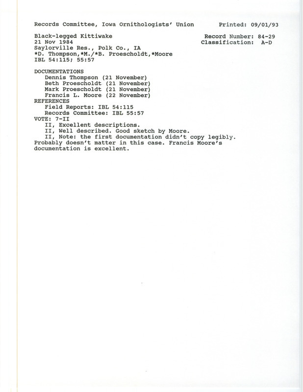 Records Committee review for a Black-legged Kittiwake at Saylorville Reservoir Dam in Polk County, IA on November 21, 1984. Includes a record review document with votes and four documentation forms submitted to the committee.