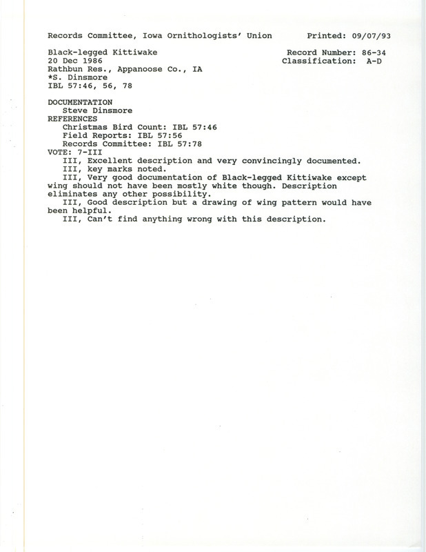 Records Committee review for a Black-legged Kittiwake in Rathbun Reservoir Dam in Appanoose County, IA on December 20, 1986. Includes a record review document with votes, summary of the review, and a documentation form submitted to the committee.