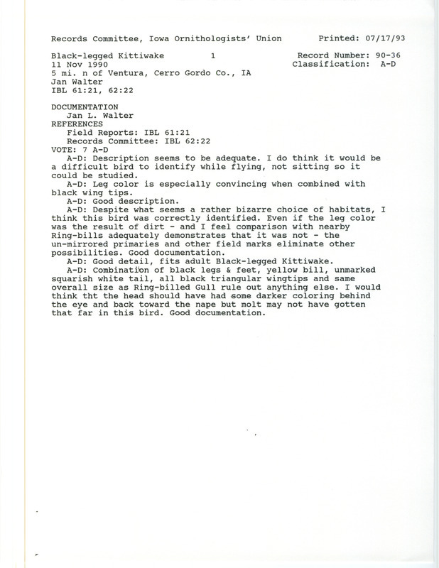 Records Committee review of a Black-legged Kittiwake north of Ventura in Cerro Gordo County, IA on November 11, 1990. Includes a record review document with votes and a documentation form submitted to the committee.