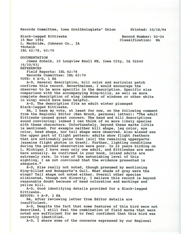 Records Committee review for a Black-legged Kittiwake at Lake Macbride in Johnson County, IA on March 15, 1992. Includes a record review document with votes and a documentation form submitted to the committee.