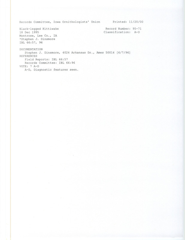 Records Committee review of a Black-legged Kittiwake in Lock and Dam 19 in Keokuk in Lee County, IA on December 18, 1995. Includes a record review document with votes and a documentation form submitted to the committee.