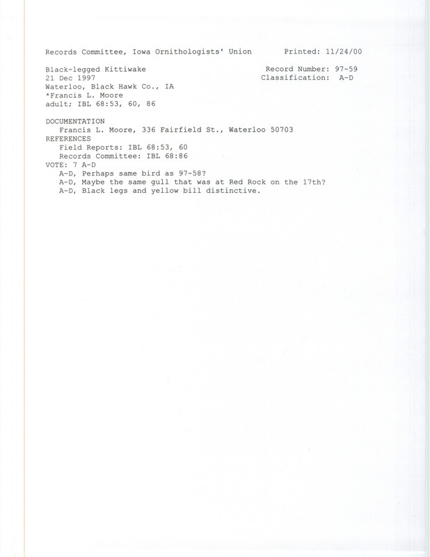 Records Committee review of a Black-legged Kittiwake in Waterloo in Black Hawk County, IA on December 21, 1997. Includes a record review document with votes and a documentation form submitted to the committee.