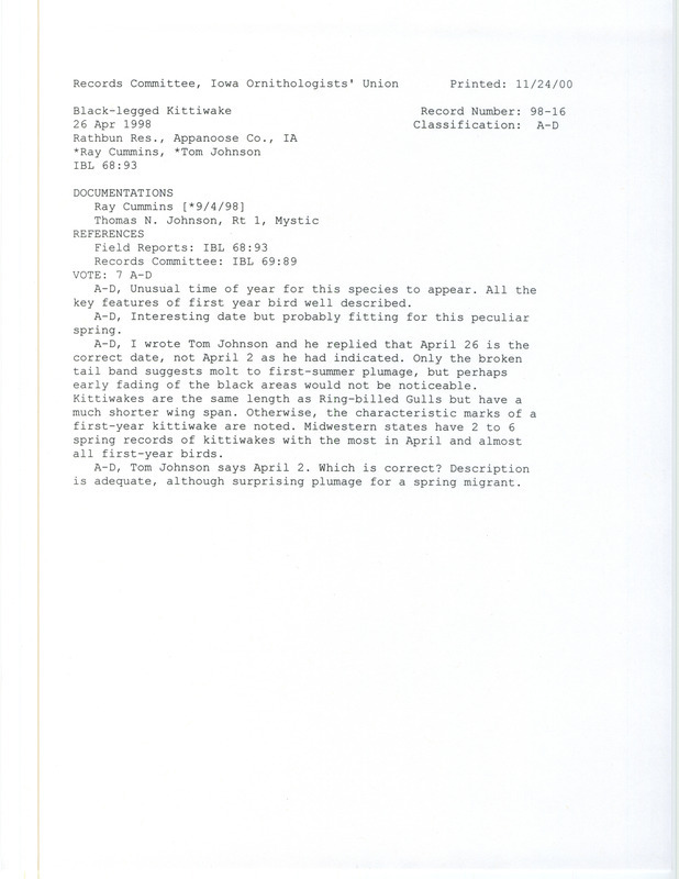 Records Committee review for a Black-legged Kittiwake at Lake Rathbun in Appanoose County, IA on April 26, 1998. Includes a record review document with votes and two documentation forms submitted to the committee.