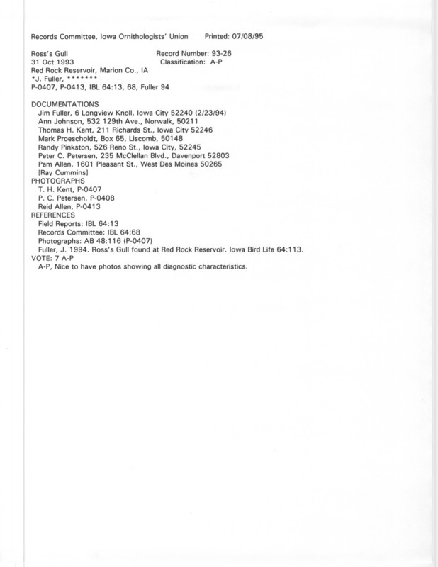 Records Committee review for a Ross's Gull in Red Rock Dam in Marion County, IA on October 31, 1993. Includes a record review document with votes, six photographs, an article in Iowa Bird Life, an article in American Birds, and eight documentation forms submitted to the committee.