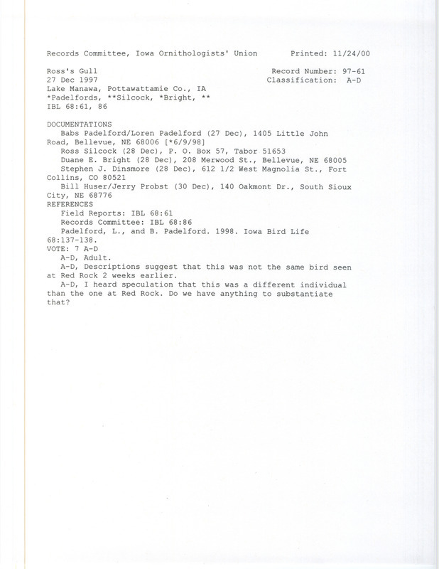 Records Committee review for a Ross's Gull at Lake Manawa in Pottawattamie County, IA on December 27, 1997. Includes a record review document with votes, an article in Iowa Bird Life, and five documentation forms submitted to the committee.