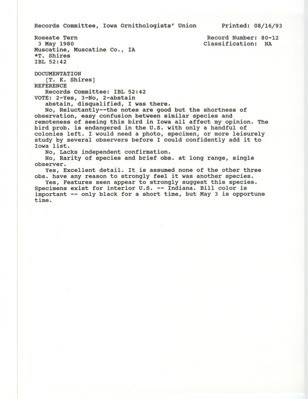 Records Committee review for a Roseate Tern at Lock and Dam 16 at Muscatine in Muscatine County, IA on May 3, 1980. Includes a record review document with votes and a documentation form submitted to the committee.