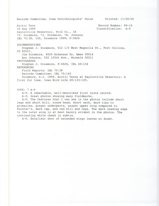 Records Committee review for an Arctic Tern at Sandpiper Beach at Saylorville Reservoir in Polk County, IA on August 18, 1999. Includes a record review document with votes, four photographs, and three documentation forms submitted to the committee.