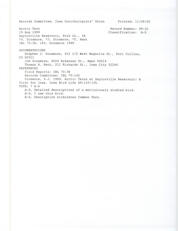 Records Committee review for an Arctic Tern at Sandpiper Beach at Saylorville Reservoir in Polk County, IA on August 19, 1999. Includes a record review document with votes, and three documentation forms submitted to the committee.