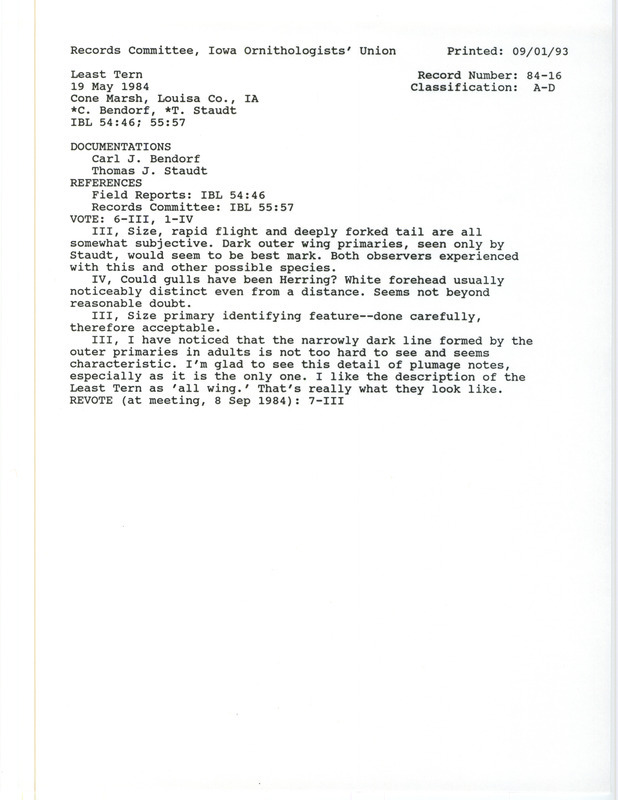 Records Committee review for a Least Tern at Cone March in Louisa County, IA on May 19, 1984. Includes a record review document with votes, a summary of a review, and two documentation forms submitted to the committee.