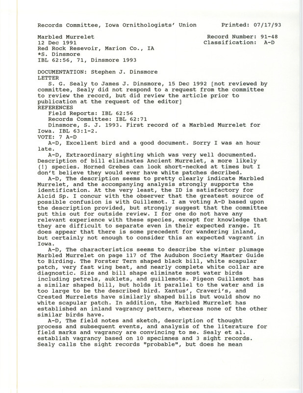 Records Committee review for a Marbled Murrelet at Whitebreast Cove at Red Rock Reservoir in Marion County, IA on December 12, 1991. Includes a record review document with votes, field notes, an article in Iowa Bird Life, correspondence relevant to bird sighting and review, and a documentation form submitted to the committee.