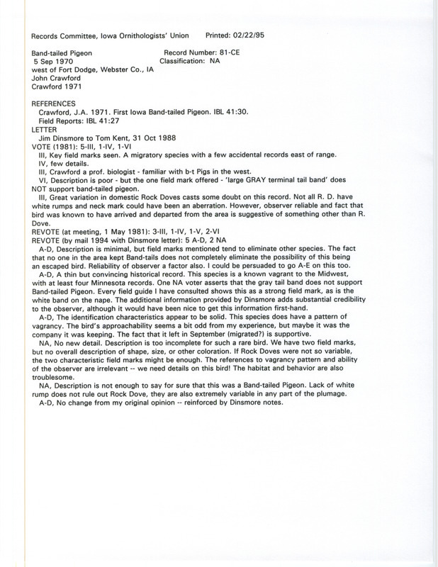 Records Committee review for a Band-tailed Pigeon west of Fort Dodge in Webster County, IA on September 5, 1970. Includes a record review document with votes, correspondence relevant to bird sighting and review, and a documentation article submitted to the committee.