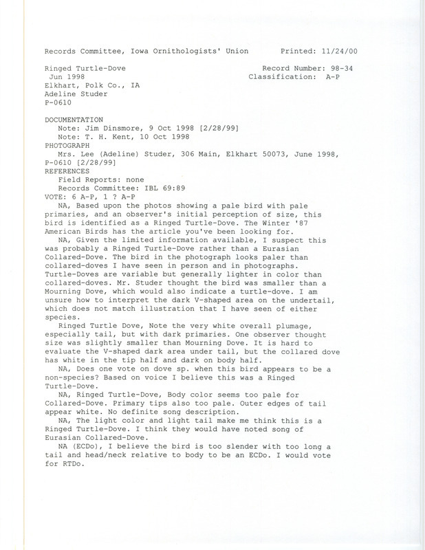 Records Committee review for a Ringed Turtle-Dove at Elkhart in Polk County, IA in June 1998. Includes a record review document with votes and field notes about the bird sighting. The bird was also seen from May to November 1997.