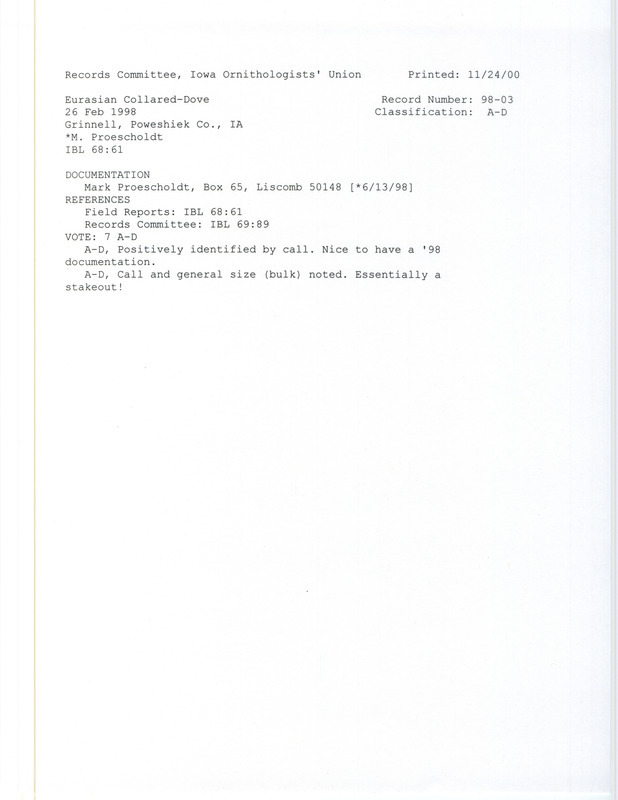 Records Committee review for three Eurasian Collared Doves at Grinnell College Golf Course in Poweshiek County, IA on February 26, 1998. Includes a record review document with votes and a documentation form submitted to the committee.