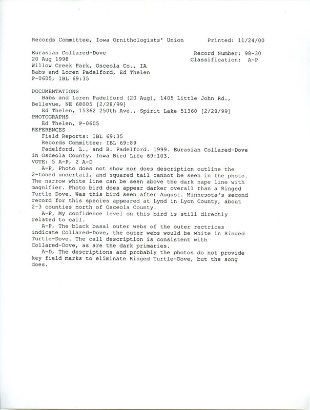 Records Committee review for an Eurasian Collared-Dove at Willow Creek Park in Osceola County, IA on August 20, 1989. Includes a record review document with votes, two photographs, an article in Iowa Bird Life, and two documentation forms submitted to the committee.