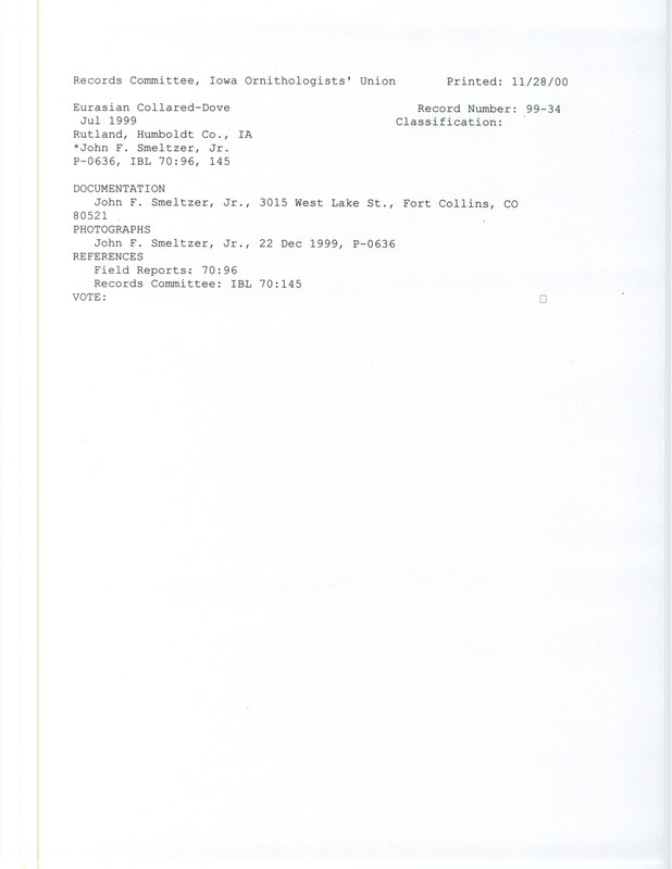 Records Committee review for six Eurasian Collared Doves at Rutland in Humboldt County, IA during late June, 1999. Includes a record review document with votes and a documentation form submitted to the committee.