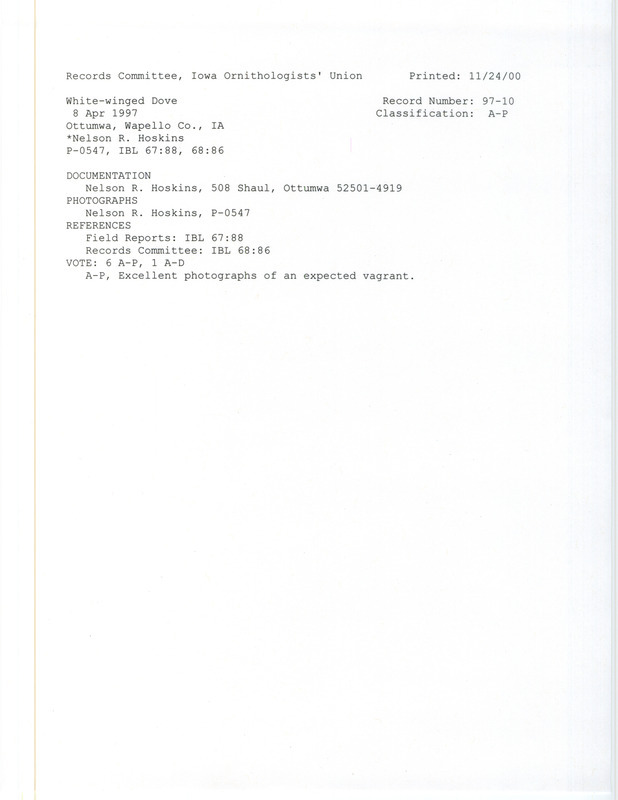 Records Committee review for a White-winged Dove at Ottumwa in Wapello County, IA on April 8, 1997. Includes a record review document with votes, four photographs, and a documentation form submitted to the committee.