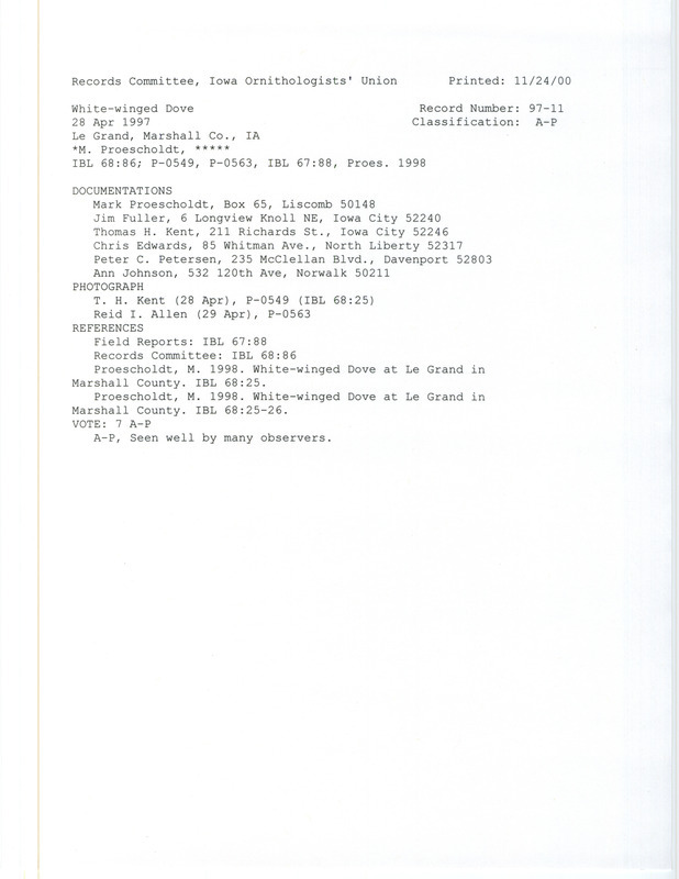 Records Committee review for a White-winged Dove at Le Grand in Marshall County, IA on April 28, 1997. Includes a record review document with votes, two photographs, an article in Iowa Bird Life, and six documentation forms submitted to the committee.