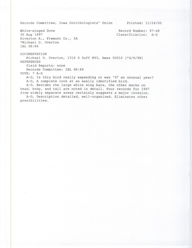 Records Committee review for a White-winged Dove at Riverton Wildlife Area in Fremont County, IA on August 30, 1997. Includes a record review document with votes and a documentation form submitted to the committee.