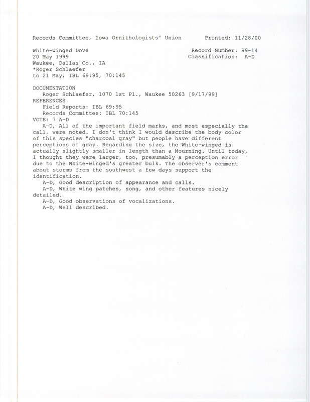 Records Committee review for a White-winged Dove at Waukee in Dallas County, IA on May 20, 1999. Includes a record review document with votes and a documentation form submitted to the committee.