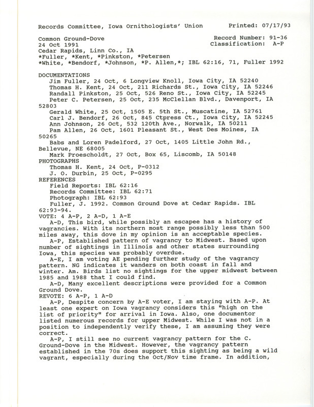 Records Committee review for a Common Ground-Dove near Mohawk Park at Cedar Rapids in Linn County, IA on October 24, 1991. Includes a record review document with votes, an article in Iowa Bird Life, three photographs, and ten documentation forms submitted to the committee.