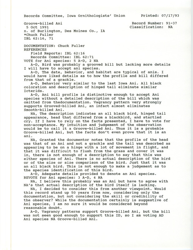 Records Committee review for a Groove-billed Ani north of Burlington in Des Moines County, IA on October 5, 1991. Includes a record review document with votes and a documentation form submitted to the committee.